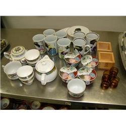 Lot of dishes: 4 amber sake glasses, 2 wood boxes, 6 Asian women mugs, 2 teapots with matching cups,