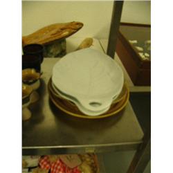 Lot of 4 serving dishes: 2 white with leaf shape, shell colored with scalloped edge, and yellow with