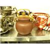 Image 3 : Lot of 3 teapots: blue with gold detail, brownish-red with wood handle, and brownish-yellow with woo