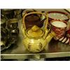 Image 4 : Lot of 3 teapots: blue with gold detail, brownish-red with wood handle, and brownish-yellow with woo