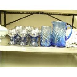 Lot of 16 Blue glass drink wear: 2 pitchers, 6 large glasses, 8 small glasses (168)