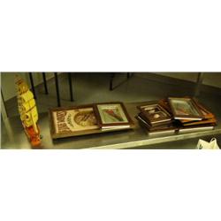 Lot of Nautical Items: Sailing ship, framed: butterflies, shells, daggers, and ships (2)