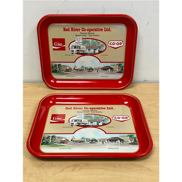 2 Vintage Coca-Cola Coke Red River Co-op Advertising Serving Trays Approx: 13.25x10.5"