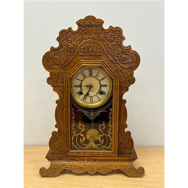 Vintage Waterbury "Festus" Carved Wooden Clock w/Key & Glass Door