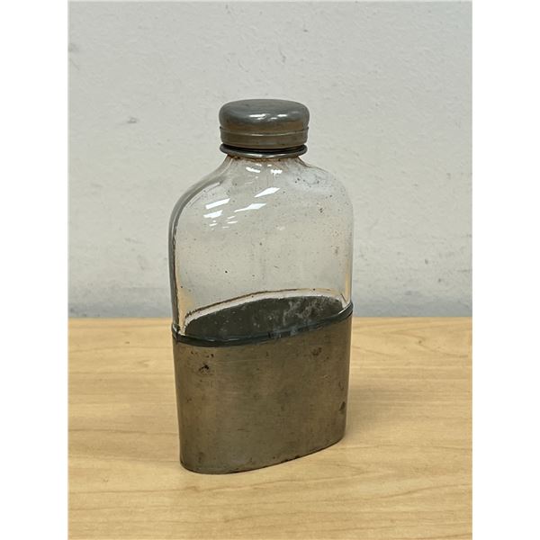 Vintage Glass / Pewter Self Cup Pocket Flask / Bottle - see all photos for condition 4.5"