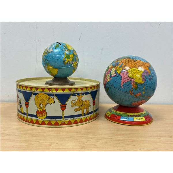 Vintage 9" Tin Drum & Two Tin Metal Globe Coin Banks (5 & 7") see all photos