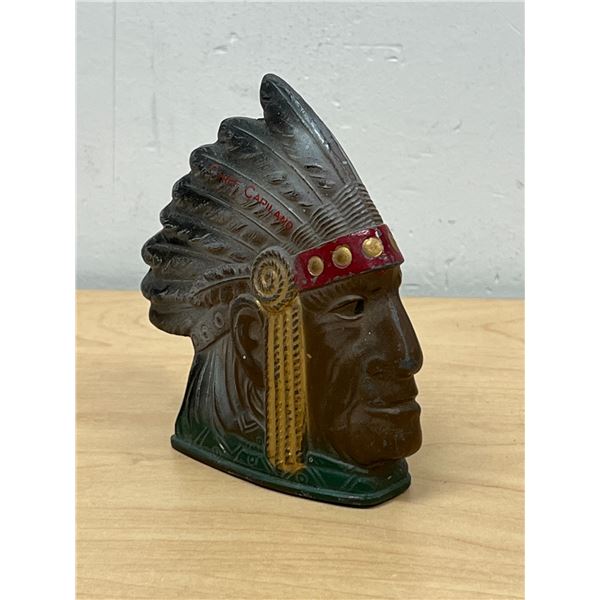 Vintage Indigenous "Chief Capilano" Metal Coin Bank - Approx: 4"T 3.5"W