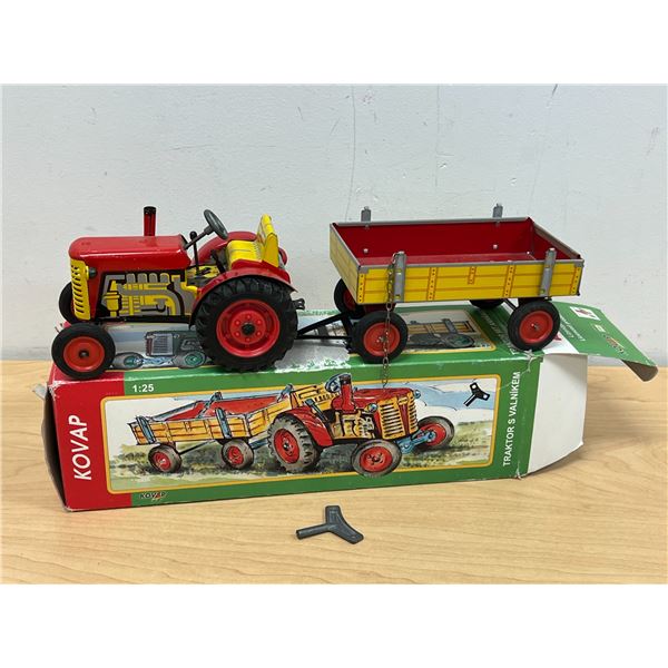 Kovap Tin Metal Wind Up Zetor Tractor & Trailer as pictured 1/25 - see all photos
