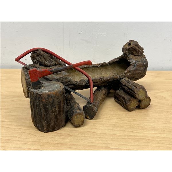 Vintage Metal Folk Art Lumberjack Log Ashtray - Approx: 9"W 4"T