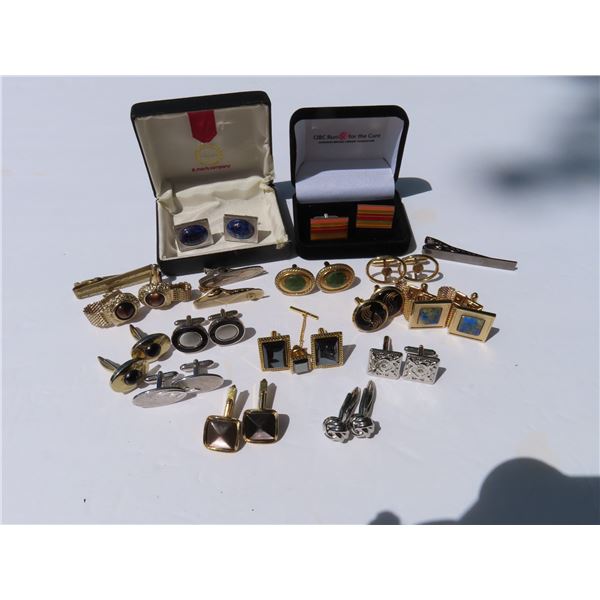 14 Pairs Vintage & modern cuff links  (2 are new in package) & One tie pin and 4 tie clips