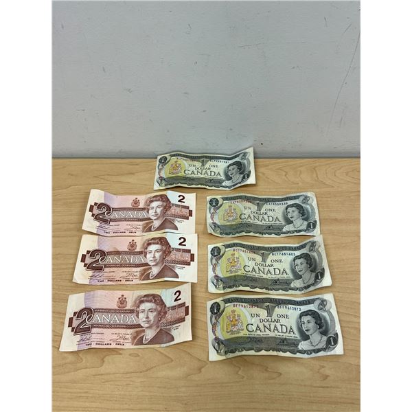 Four $1 (1973) Bank of Canada & Three $2 (1986) Bank of Canada Bank Notes Bills - see all photos