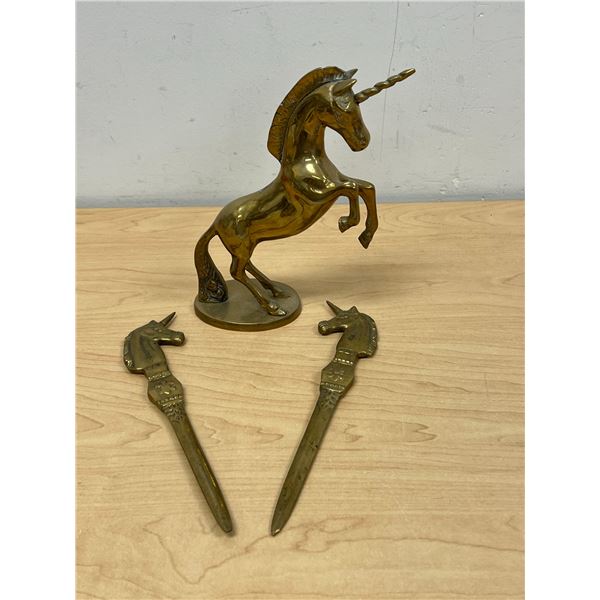 3 Brass Unicorn Items - 7.5" Statue and two 8.5" letter openers - see all photos