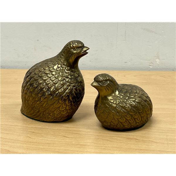 2 Vintage Brass Partridge Bird Sculptures Metal Art - largest approx: 4" tall