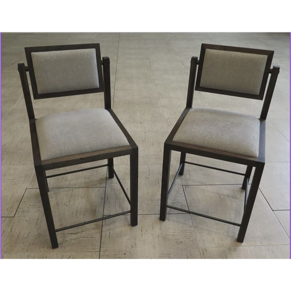Qty 2 Upholstered Teak Wood Counter Stools w/ Reclining Backrest  18" x 19" x 35"H