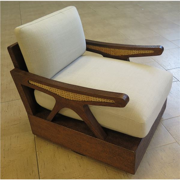 South Sea Wooden Lounge Chair w/ Cane Rattan Accents, Textured Wood Base 29" x 38" x 24"