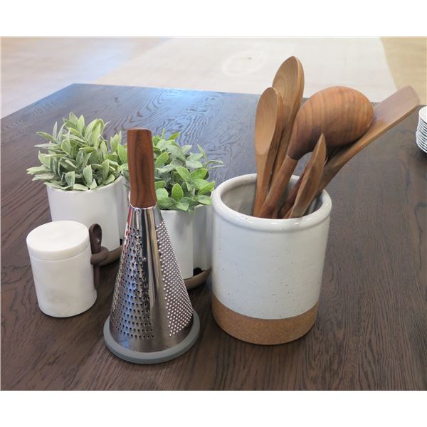 Multiple Kitchen Accessories: Utensils, Plants in Pots, Grater, etc