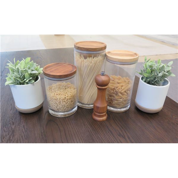 Multiple Kitchen Accessories: Pepper Grinder, Plants in Pots, Storage Cylinders, etc