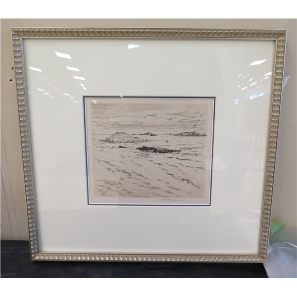 Framed & Matted Rabbit Island Ocean Artwork Signed by Artist H.M. Luquiens 14" x 15"