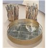 Image 1 : Qty 2 Glass Candle Holders w/ Driftwood Accent 9"H & Round Mirrored Tray 15" Dia