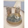 Image 2 : Qty 2 Glass Candle Holders w/ Driftwood Accent 9"H & Round Mirrored Tray 15" Dia