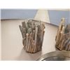 Image 3 : Qty 2 Glass Candle Holders w/ Driftwood Accent 9"H & Round Mirrored Tray 15" Dia