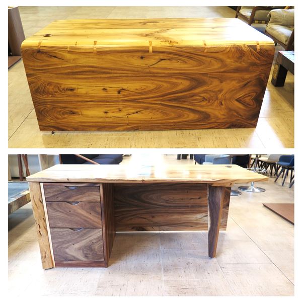 Papali Woodworks Monkeypod & Black Walnut Desk, Curved & Joined Together 71"x32"x30"H