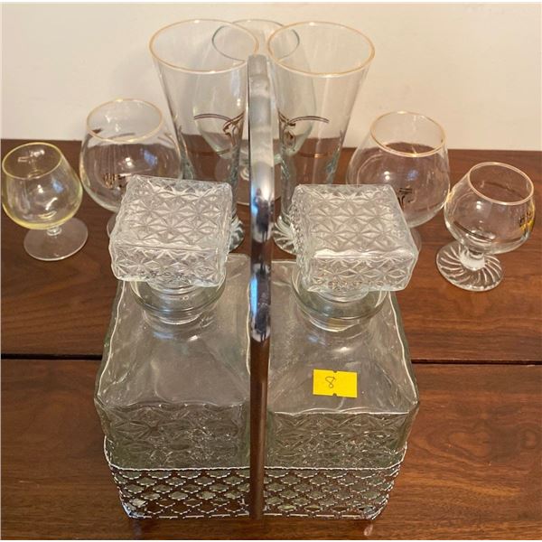 Mid Century Glass Chrome Decanter Set Cognac Glasses