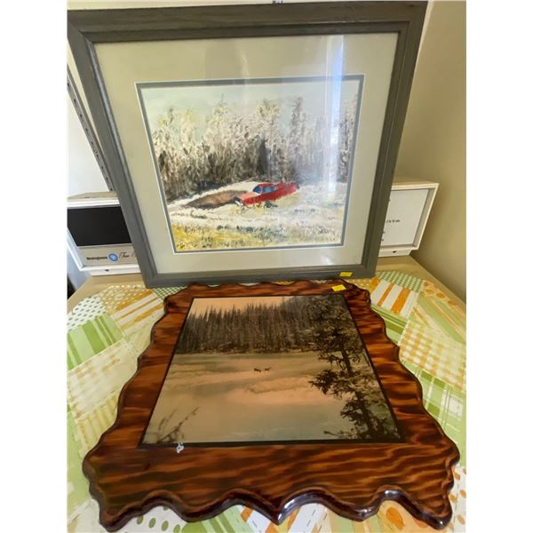 Old Car Watercolour 15 x 17 & Moose On Lake Pictures