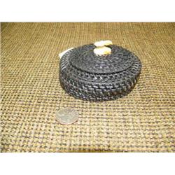 Very rough baleen basket with fossilized ivory whale tail finial by Jerry Hawley 4" diameter 2" high