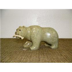 Soapstone bear with bone fish in mouth by Alfred (2)