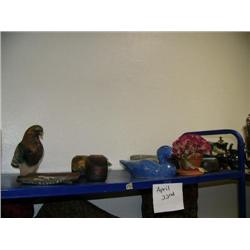 Lot of: pigeon, plate and 2 small containers, 2 wood ducks - one missing head, ceramic duck and faux
