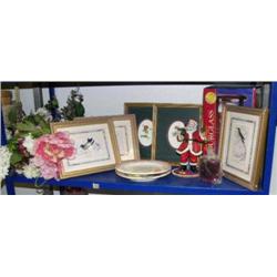 Lot of fake flowers, Santa figure, hourglass and candle, 3 bird prints, 2 flower prints, and 2 decor
