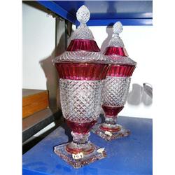 2 cranberry glass urns with tops - late 1890's(171)