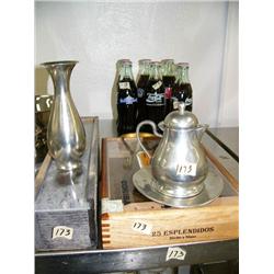 Lot of: 2 wood boxes, 6 Coca-Cola bottles - unopened, "R" belt buckle, gold colored dish, pewter vas