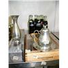 Image 1 : Lot of: 2 wood boxes, 6 Coca-Cola bottles - unopened, "R" belt buckle, gold colored dish, pewter vas