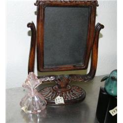 Carved wood picture frame and pink glass perfume bottle (172)