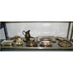 Lot of silver colored pitcher, tray and serving dishes (172)