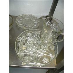 Set of 4 pressed glass serving trays and water pitcher (172)