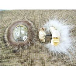 Lot of 2: Soapstone mask with fur by Mike Scott and bone mask with fur by Mark of Pt. Hope, AK (178)