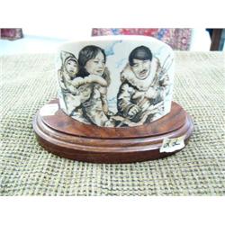 Mastodon ivory mounted on wood scrimshawed of alaska native family, very well done - 5" wide, 3" hig