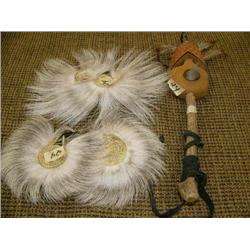 Lot of 3: two dance fans and one spirit stick carved from wood, feathers, and fur, from 1986, Indian