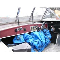 24' (Hewes?) aluminum river boat, flat bottom, with windshield and forward canvas, VHF radio, stereo