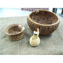 Lot of 3 baskets, one in need of repair, one around bottle, diamond design (178)