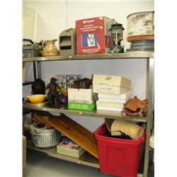 Entire cart of baseball cards, birch basket with broken bottom, lanterns, jug and bowl set, toys, co