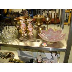 Lot of: brass flower pot, marble candle holders, brass and silver goblets, brass candy dish, crystal