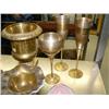 Image 3 : Lot of: brass flower pot, marble candle holders, brass and silver goblets, brass candy dish, crystal
