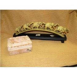 Lot of 2: composite elephants on black base and small covered carved stone - Chinese soapstone circa