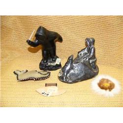 Lot of 5: 2 composite native style sculptures, wood ulu, fur face and beaded seal skin whale barrett