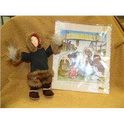 Lot of 2: fur and suede doll and page from book in plastic (159)
