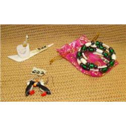 Lot of 3: lovely and unusual ivory puffin earrings, ivory,  hematite beaded bracelet, and ivory bird